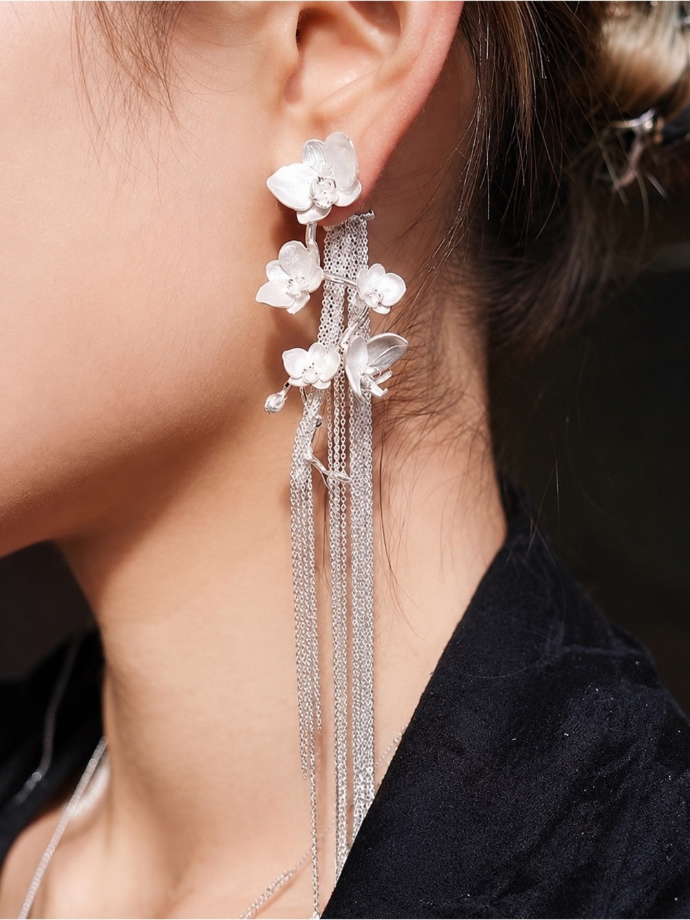 Silver Floral Tassel Drop Earrings - Elegant Women’s Jewelry